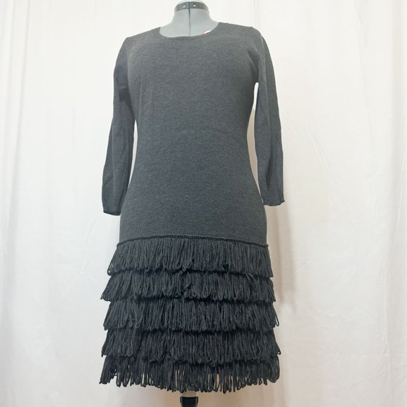 Calvin Klein Sz L Dark Heather Grey 3/4 Sleeves Crew Neck Fringe Sweater Dress - Picture 6 of 14